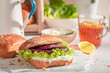 Homemade and tasty sandwich as vegan healthy breakfast.