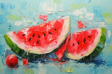 Wall Mural - palette knife textured painting watermelon illustration Sliced watermelon Close-up of fresh slices of red watermelon