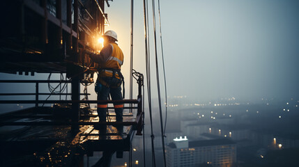 Electrician working at high voltage power line. Concept of work on high ground heavy industry