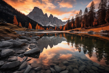 Wall Mural - Autumn view of Lake Federa in Dolomites at sunset