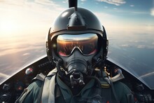 Pilot In Flight. Pilot Wearing Mask And Helmet In Cockpit Of Fighter Jet With Copy Space
