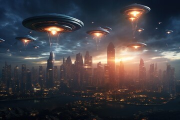 Poster - UFO Armada over downtown. giant alien spaceships over the city. UFO invasion over the city of the planet Earth