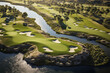 drone view of a golf course, aerial view on green, fairway, bunkers, rough, water hazards, river, trees, grass, greenery, nature, top down view on beautiful landscape, sport