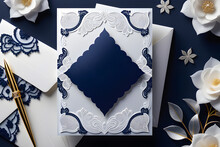 White Greeting Card, Center Adorned With Navy Blue And Silver Lace Patterns, Ethereal Gloss, Subtle Moisture Effects Casting Soft Shadows, Clear Background, Classic Sophistication.