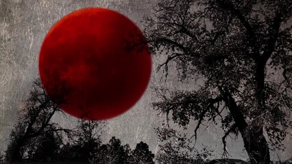 Wall Mural - tree silhouette with silver liquid sky and red moon 4k loop features silhouetted trees with leaves b