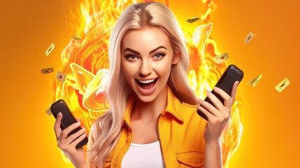 excited young woman play games by mobile phone make winner gesture. female winning mobile gambling. Wow face expression. Esport streaming game online, surprise, gamer, online, earning, new generation.