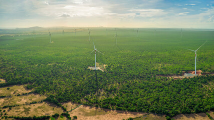 Wall Mural - Landscape with Turbine Green Energy Electricity, Windmill for electric power production, Wind turbines generating electricity on rice field at Binh Thuan, Vietnam. Clean energy concept.