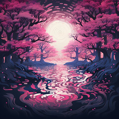 Poster - a pixelated symphony featuring abstract sakura elements with mirage-like distortions, a whirlwind in a dreamscape playing with shadows and light