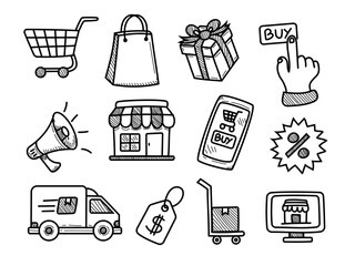 Canvas Print - Set of e-commerce doodle illustrations on a white background. Hand-drawn e-commerce elements