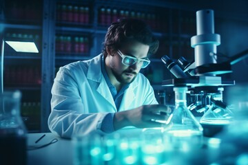 A scientist researching in the lab with a microscope