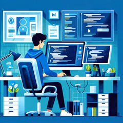 flat style illustration of a computer programmer in a modern tech office. the character is coding at