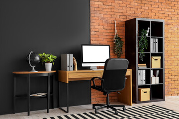Wall Mural - interior of modern office with workplace, shelf unit and table