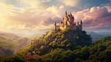 castle at the hill of a scenic landscape. majestic castle perched. fantasy landscape with ancient castle
