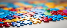Colorful Puzzle Pieces On A White Background, Shallow Focus