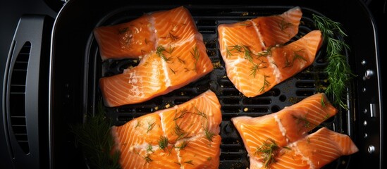 Air frying two slices of raw salmon in the kitchen, from a top view.