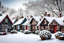 A Row Of Quaint Cottages Covered In Snow, Each With Its Own Unique Charm.