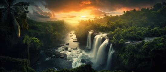 Canvas Print - A breathtaking drone photo of a stunning waterfall in Bali's jungle during sunset.