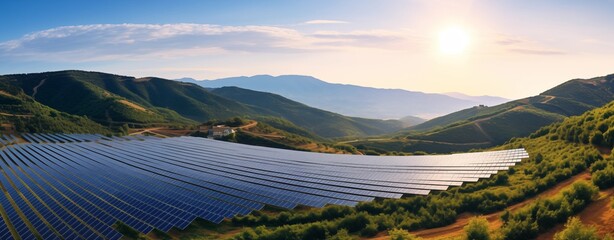 Landscape view of large solar panel farm on the top of green mountain. Concept of renewable energy