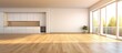© 2rogan - Large vacant room with wooden floor connected to kitchen.