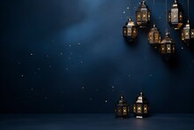 Eid Al Fitr Greeting With Lanterns On Dark Blue Background With Generative Ai