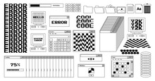 User Interface Y2k Stickers. Retro Icon Browser, Buttons, Screen Computer, Folder, File, Document Thumbnails, Loading Progress Bar, Notifications And More. Black, White Colors. Vector Illustration.
