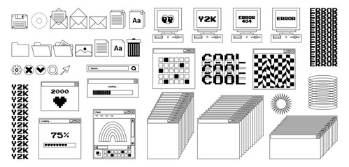 User Interface y2k stickers. Retro icon browser, buttons, screen computer, folder, file, document thumbnails, loading progress bar, notifications and more. Black, white colors. Vector illustration.