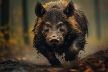Wild boar running in the forest. Wildlife scene from nature, wild boar, sus scrofa, Czech republic, AI Generated