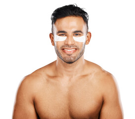 portrait, man and eye patch for skincare, dermatology and aesthetic beauty isolated on a transparent