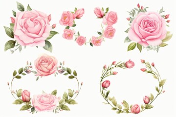 Wall Mural - Set of vintage watercolor floral frames with pink roses, leaves and branches, Wreaths, floral frames, watercolor flowers pink roses, Illustration hand painted, AI Generated