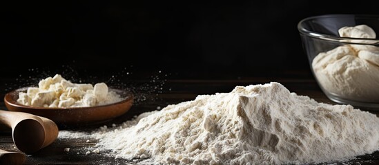 Canvas Print - Raw dough for baking desserts and ingredients for home baking. Dark background.