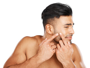 Canvas Print - Man, face and squeeze acne for skincare breakout, dermatology and scar isolated on transparent png background. Indian guy check facial beauty, press sensitive pimple and stress to scratch blackhead