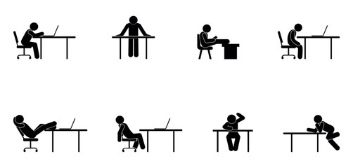 Wall Mural - icon man sitting at table, office worker collection, stick figure people, isolated human silhouettes