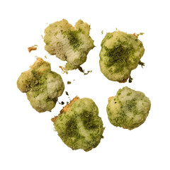 Poster - Top view of rotten spoilt raw chicken nuggets isolated on a white transparent background 