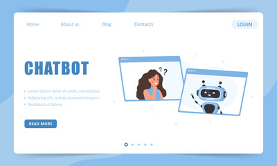 Wall Mural - chatbot concept. landing page template. woman talking with robot. ai assistant. girl asking question