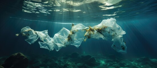 Wall Mural - Plastic bag polluting ocean with space