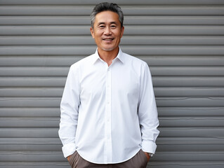 Healthy senior asian man wearing blank empty white shirt mockup for design template