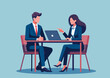 Man and a woman are engaged in a business discussion at office table. The woman pointing to a laptop screen, seems to be explaining a concept, while the man listens attentively. illustrator vector