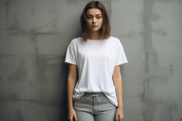 Wall Mural - Portrait of confident young woman wearing white blank t-shirt, Mockup shirt for design.