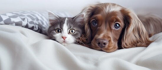 Poster - English Cocker spaniel puppy and gray kitten cuddle together under a white blanket on a bed at home. Top view.