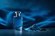 blue perfume flacon and coloroful blue pigment powder  , cosmetic bottle presentation mockup