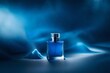 blue perfume flacon and coloroful blue pigment powder  , cosmetic bottle presentation mockup, bokeh background