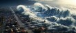 Tsunami waves hit the city. Nature disaster. Generative AI technology.