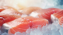 The Freshest Steak Or Fillet Of Fresh Atlantic Salmon With Herbs. Fresh Fish Chilled In Ice. Close-up. Ready To Eat.