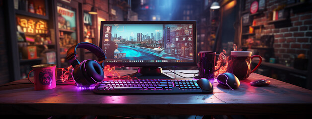 Wide gaming console table image with colorful neon busy room background and pc computer screens with headphones and accessories around