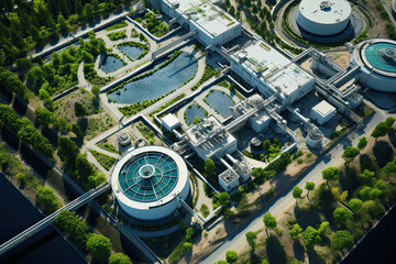 Aerial view of modern water cleaning facility at urban wastewater treatment plant. Purification process of removing undesirable chemicals, suspended solids and gases from contaminated liquid.