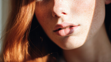 Wall Mural - Freckles Woman portrait. Close-up. Beautiful blue eyed girl with freckles is looking at camera, on a white background