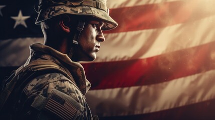 Wall Mural - silhouette of a soldier with American flag