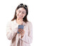 © Nutlegal - Happy excited young business woman use mobile phone standing over isolated on white background and copy space Young girl using smartphone for shopping online chat and texting message She get surprised