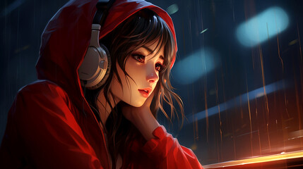 A tightly framed depiction of a young girl or woman wearing red hooded jacket with earphones, engrossed in the enjoyment of music.