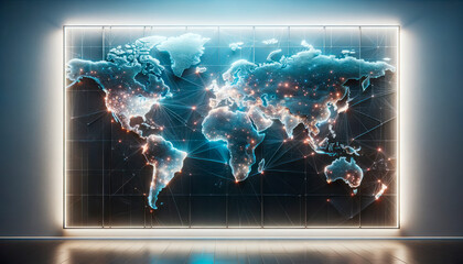 Poster - 3D digital world map on LED screen display with bright connections. Modern technology and communication concept. Generative AI
